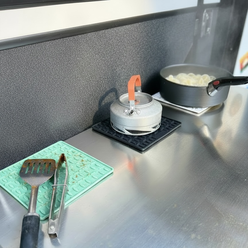 A stainless steel countertop with a small white kettle with an orange handle sitting on a black trivet, a green silicone trivet with a metal spatula and tongs, and a pot of food in the background on a white trivet
