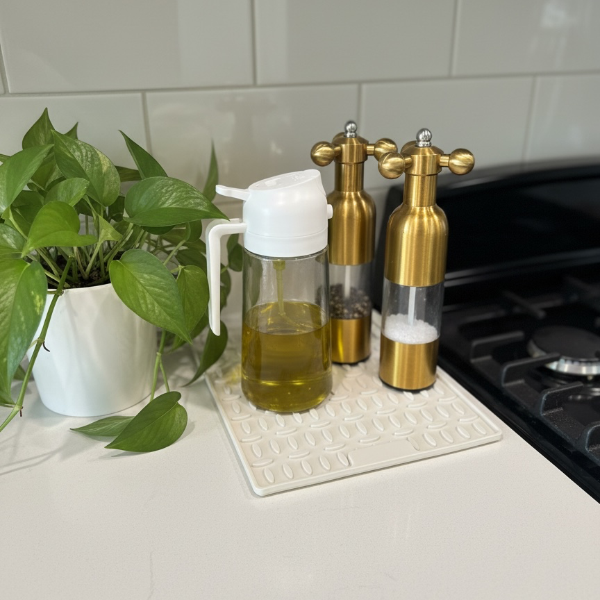 A kitchen countertop scene with a clear oil dispenser filled with olive oil, a gold salt shaker, and a gold pepper grinder on a white textured silicone trivet, next to a potted green plant and a white subway tile backsplash.