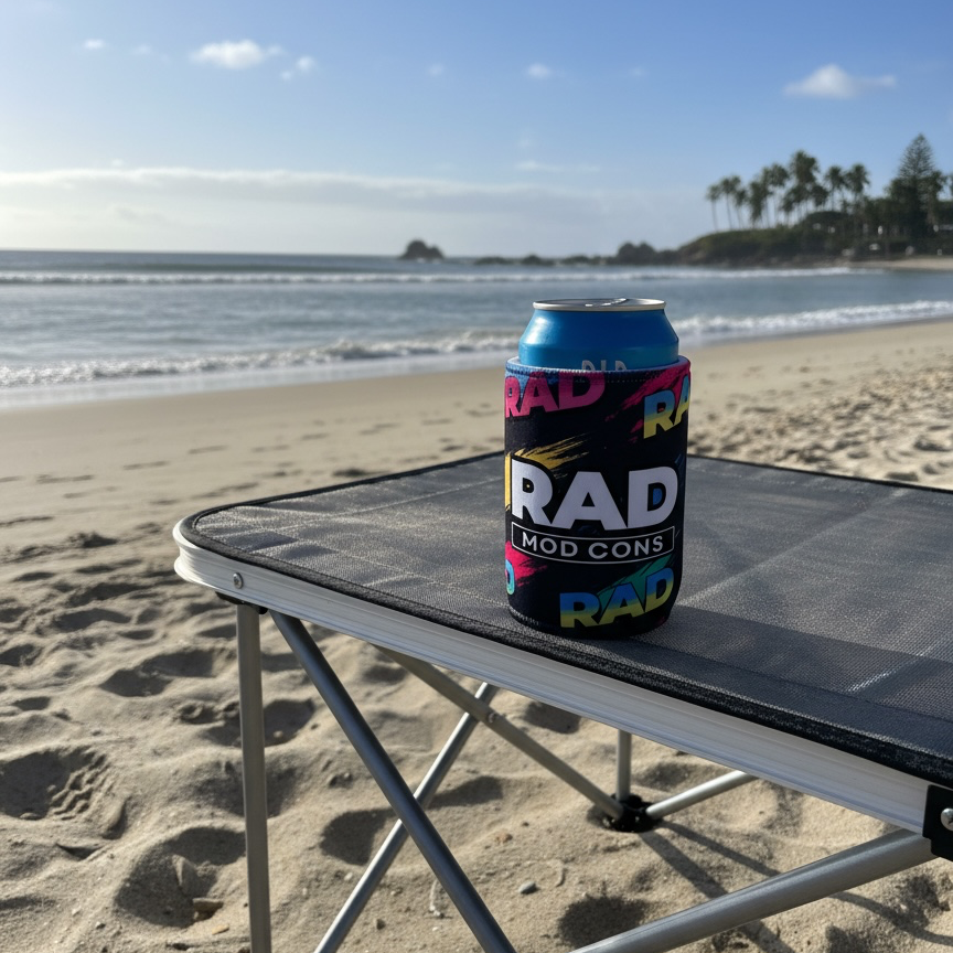 A black can cooler sleeve with colorful 'RAD MOD CONS' branding sits on a black mesh folding beach chair on a sandy beach with the ocean and sky in the background.