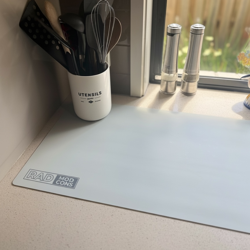A light gray silicone kitchen mat on a speckled beige countertop, next to a white utensil holder and salt and pepper shakers by a window.